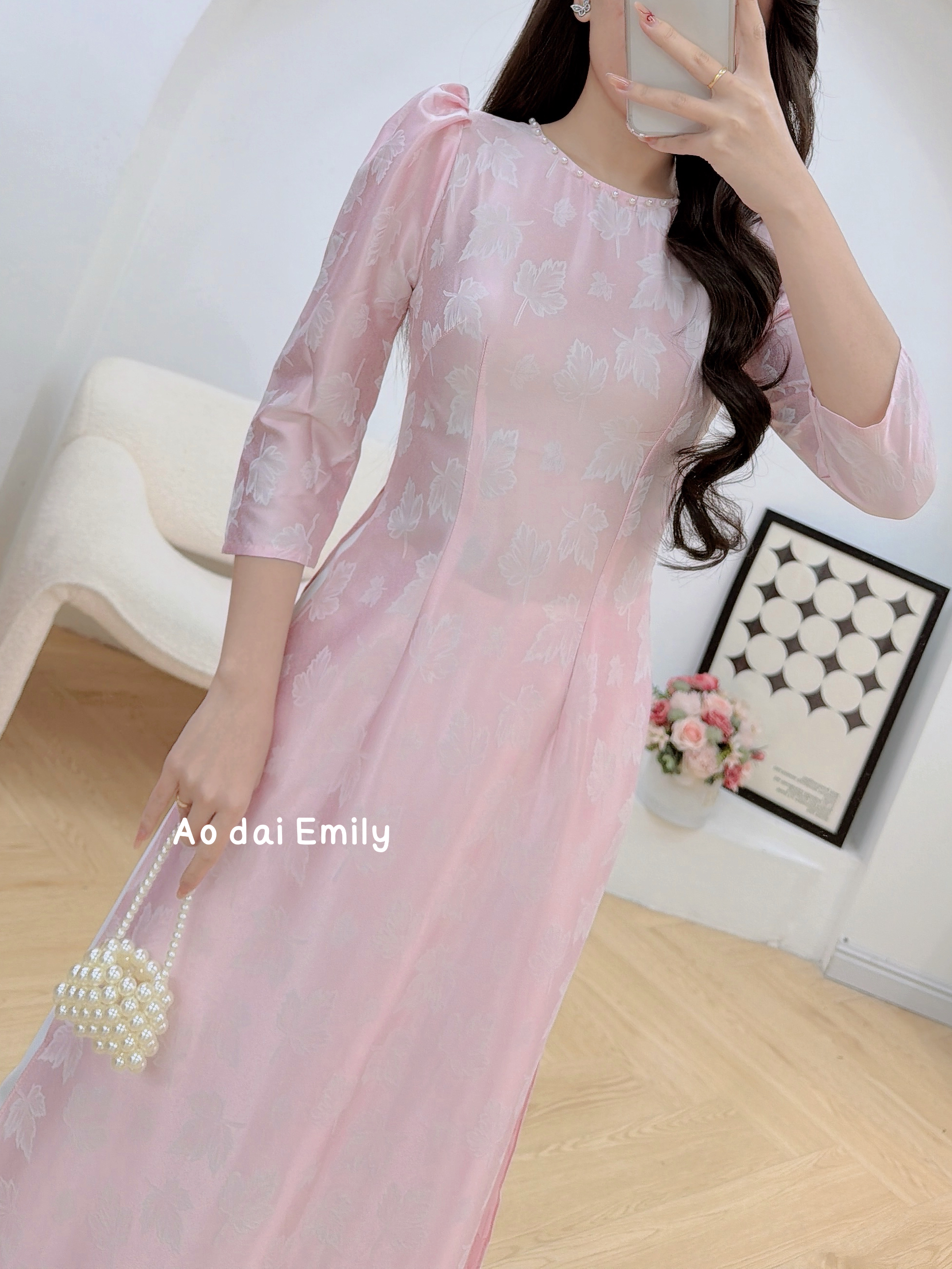 Pink Ao Dai Gấm with puffy sleeves and pearls collar| Blue star