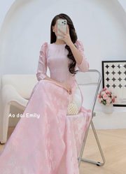 Pink Ao Dai Gấm with puffy sleeves and pearls collar| Blue star