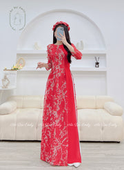 Ao Dai Vải tơ xước hoa đào 3D