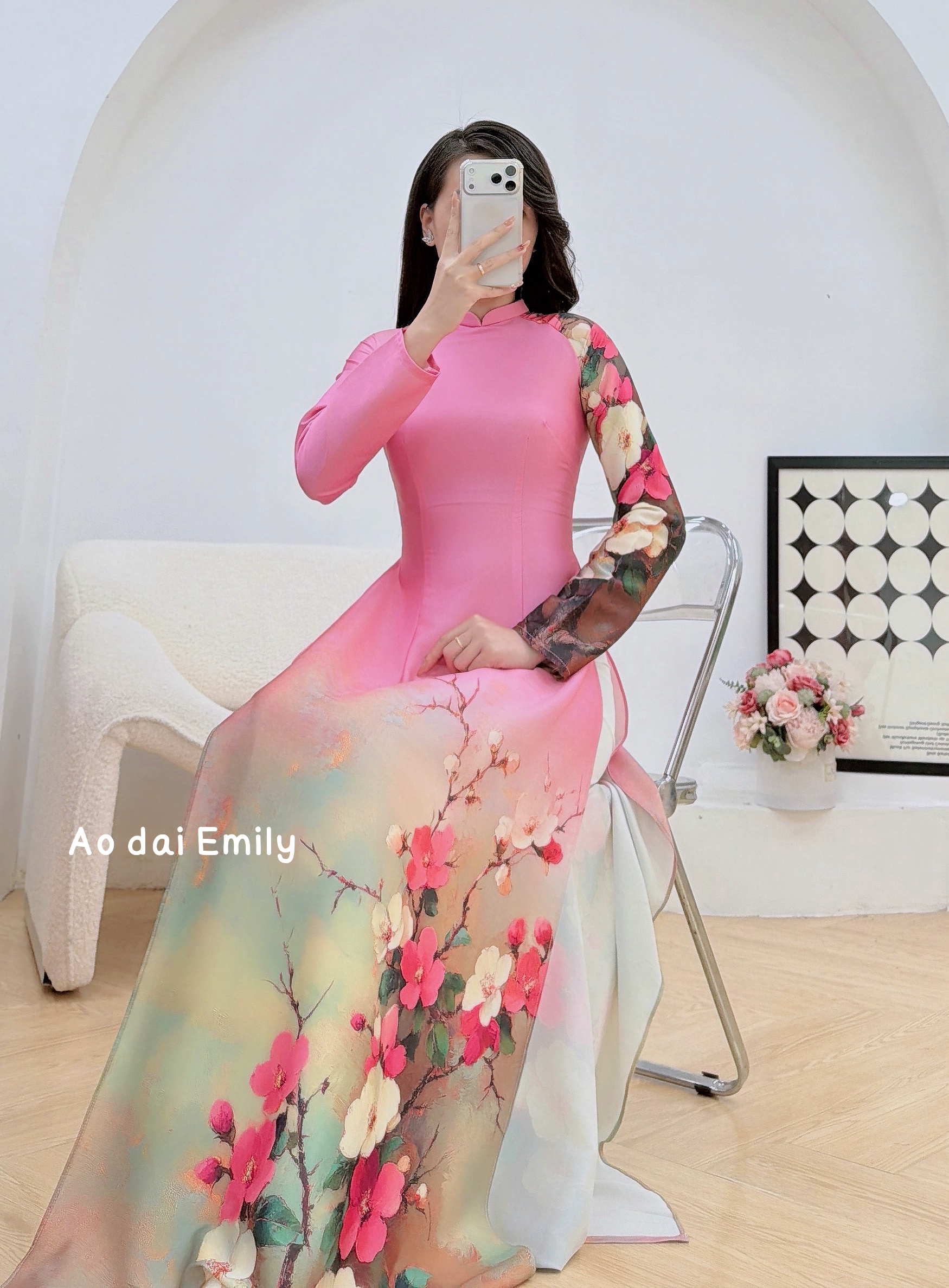 Pink Spring flowers pattern Pre made ao dai| Bee Blossom