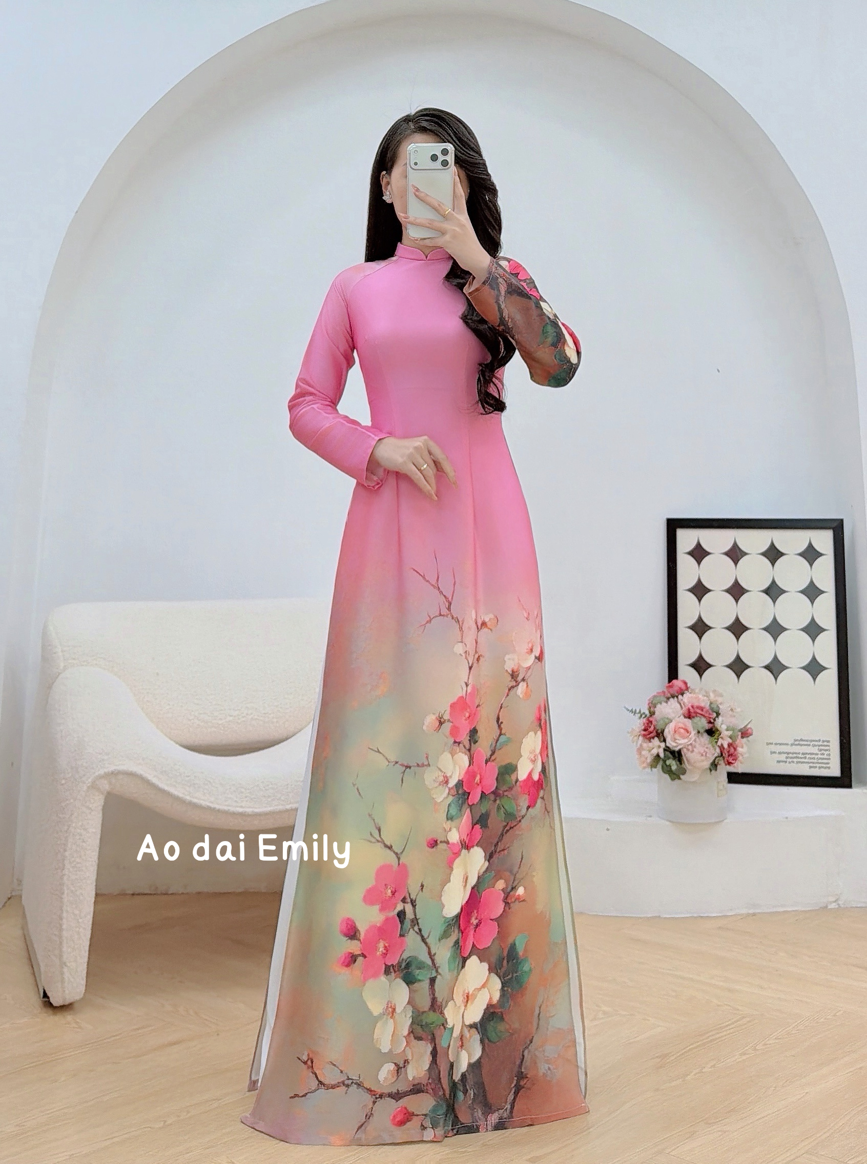 Pink Spring flowers pattern Pre made ao dai| Bee Blossom