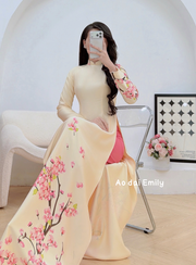 Cream/ Pink cherry blossom Print flowers Pre ma|de ao dai| Sakura