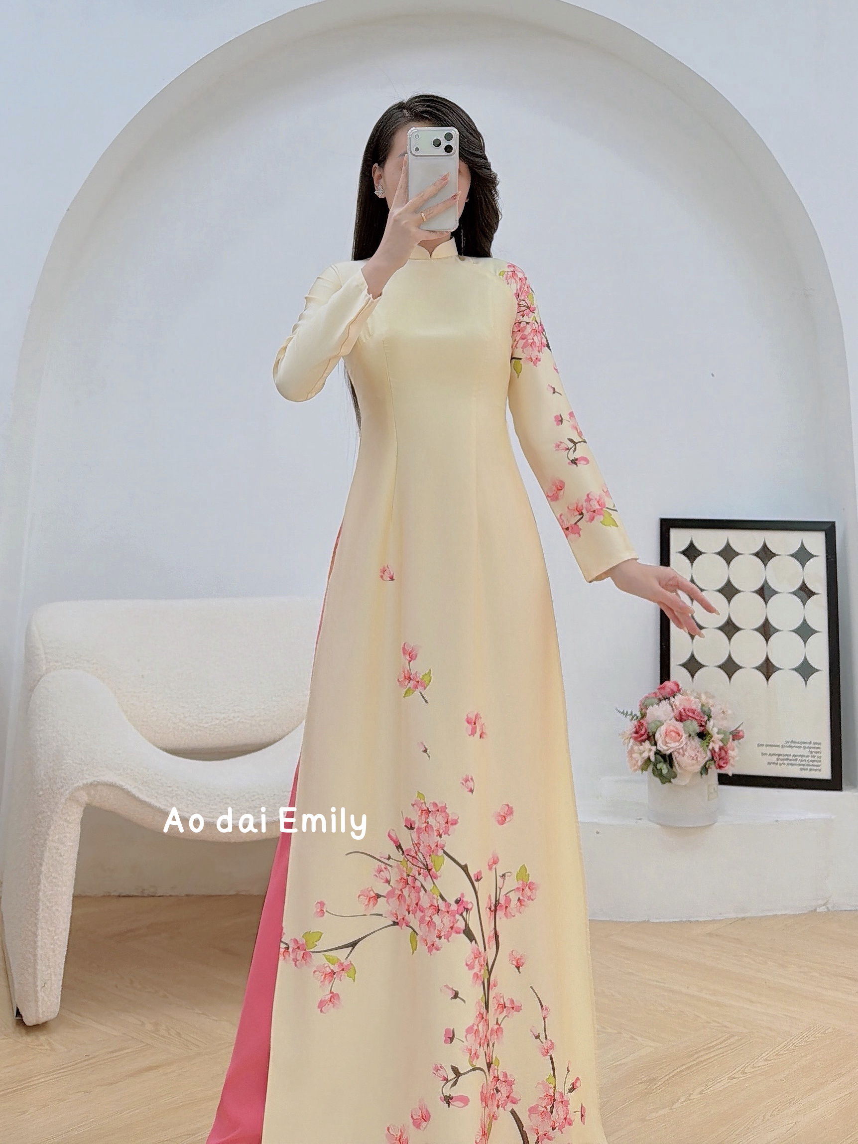Cream/ Pink cherry blossom Print flowers Pre ma|de ao dai| Sakura