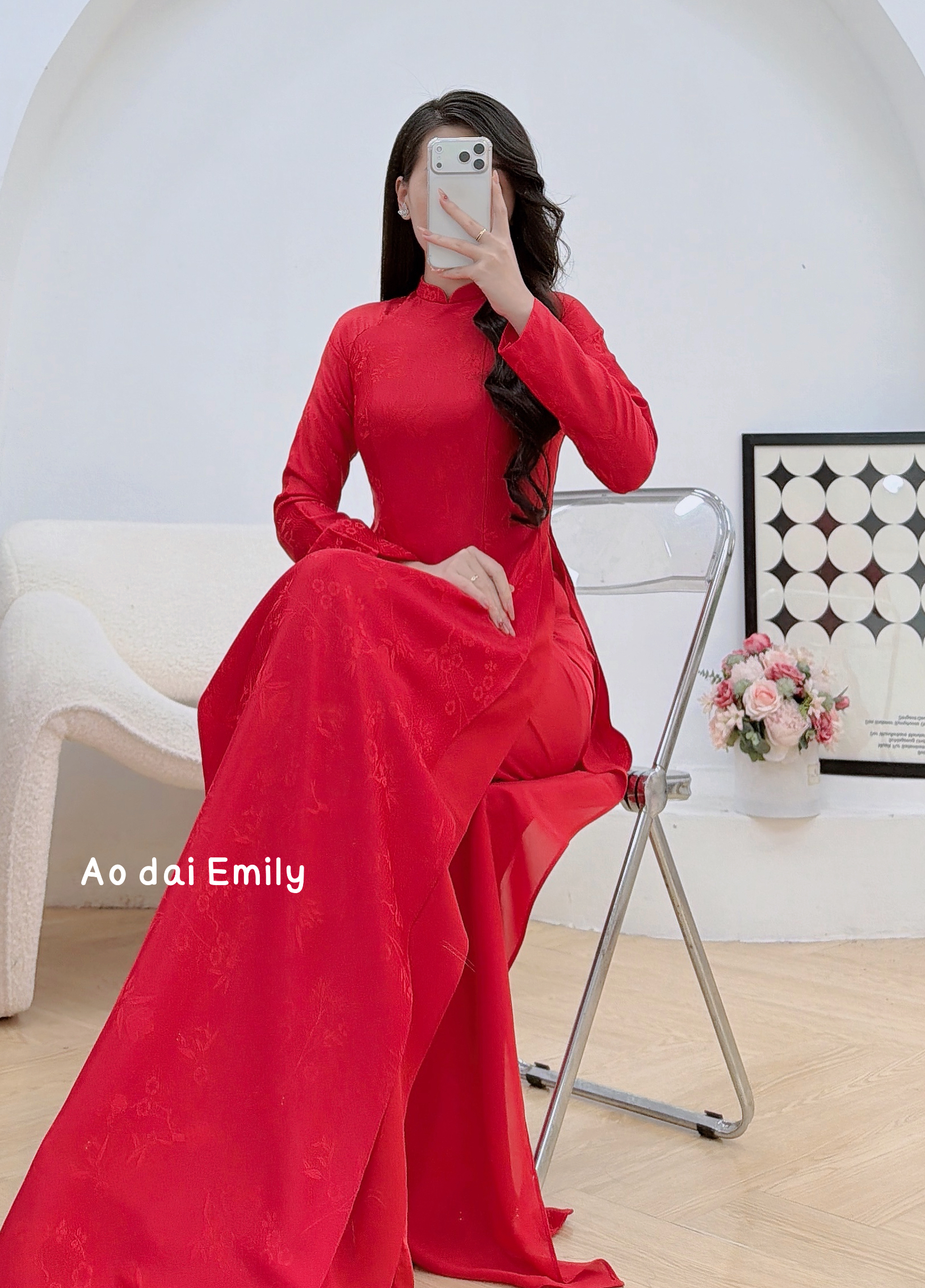 Plain Red Ao dai Gam with Spring flowers pattern Ao dai| Hollyhock