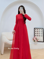 Plain Red Ao dai Gam with Spring flowers pattern Ao dai| Hollyhock