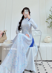 Blue/ white Printed flowers patterns Ao dai set