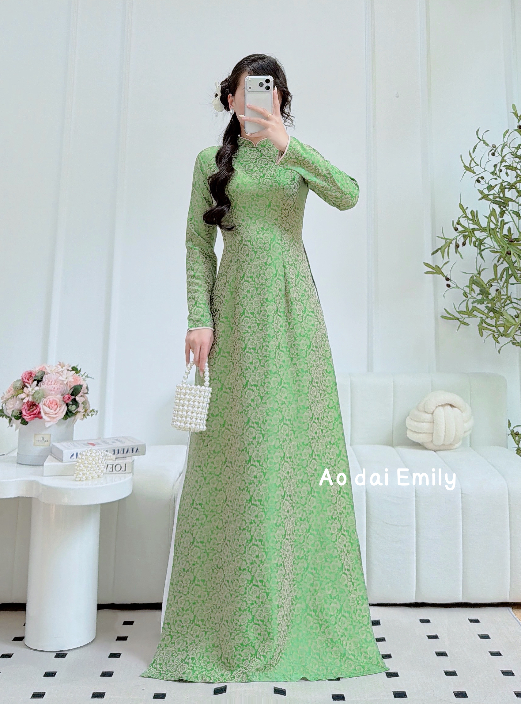 Green Ao dai Gam with Mini flowers patterns