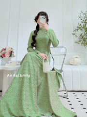 Green Ao dai Gam with Mini flowers patterns