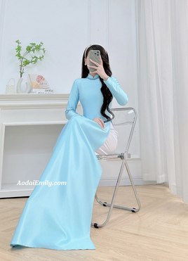 BLUE SKY Plain Baby blue ao dai with crystals collar