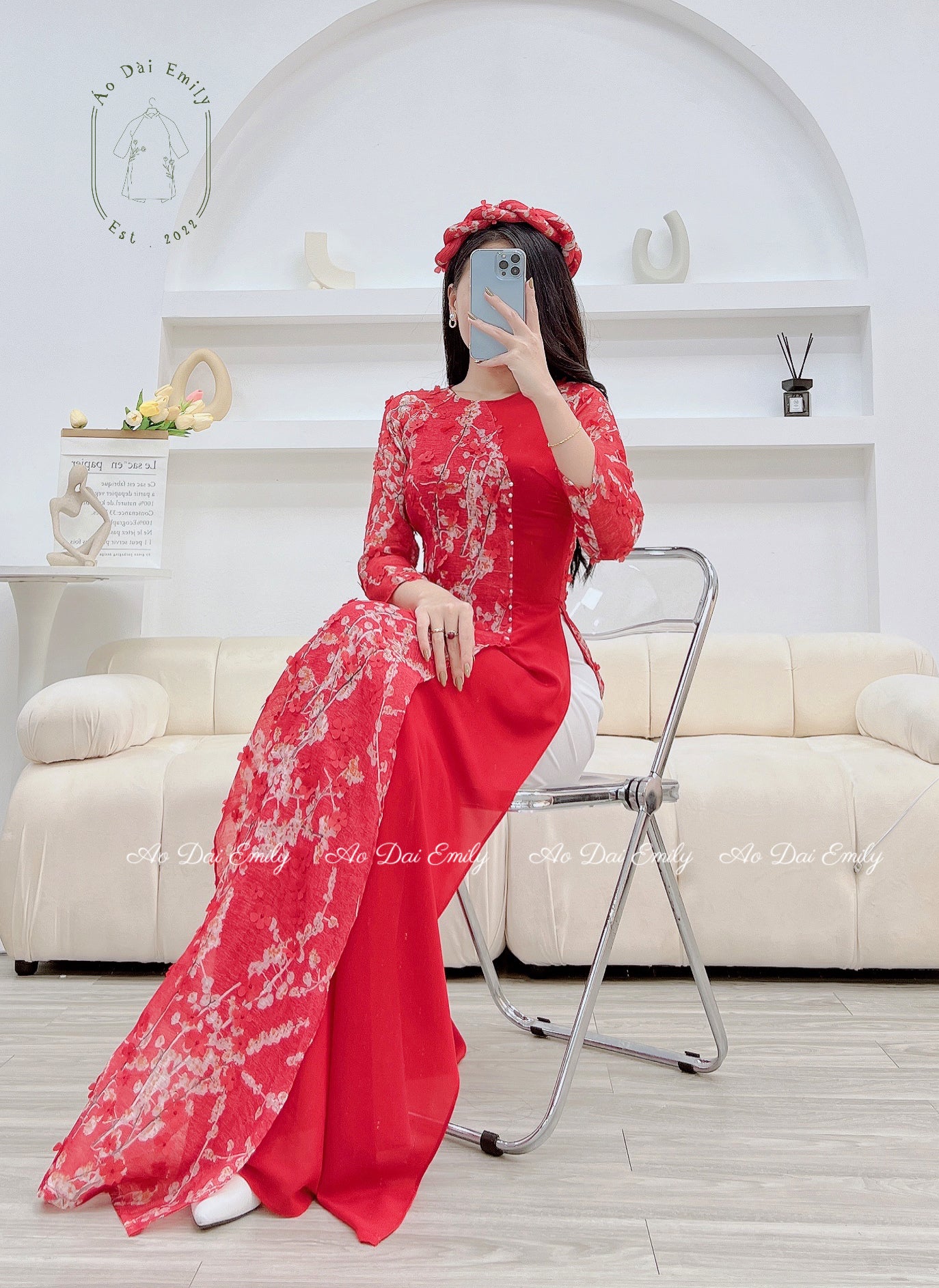Ao Dai Vải tơ xước hoa đào 3D