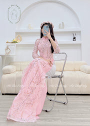 Ao Dai Vải tơ hoa đào 3D| Pink |Belladonna lily