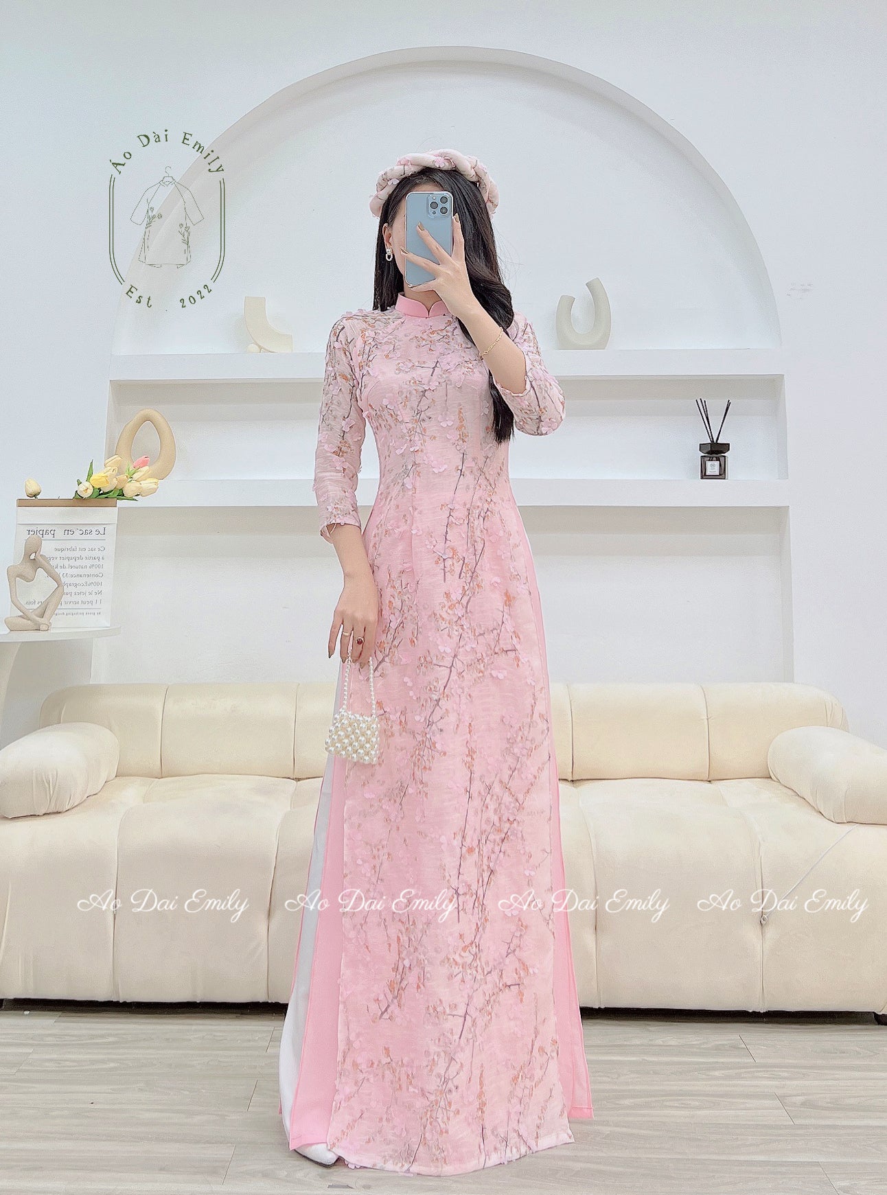 Ao Dai Vải tơ hoa đào 3D| Pink |Belladonna lily