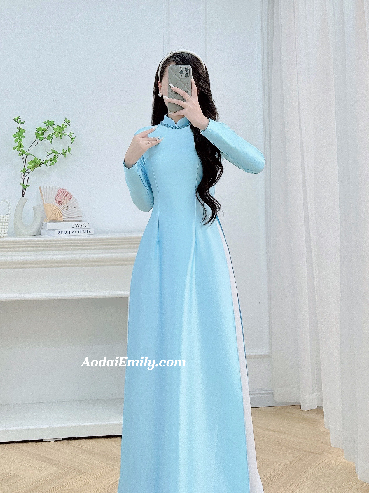 Plain Baby blue ao dai with crystals collar
