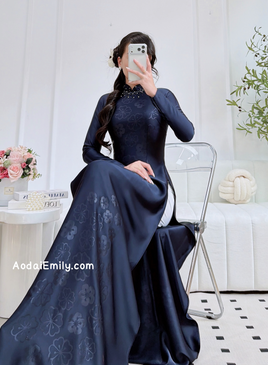TERESA Midnight Blue ao dai with beading crystals collar