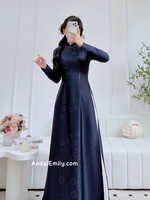 TERESA Midnight Blue ao dai with beading crystals collar