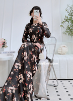 DALIA Black Printed flowers pattern Pre made ao dai