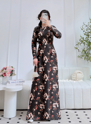 Black Printed flowers pattern Pre made ao dai