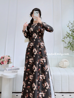 DALIA Black Printed flowers pattern Pre made ao dai