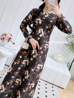 DALIA Black Printed flowers pattern Pre made ao dai