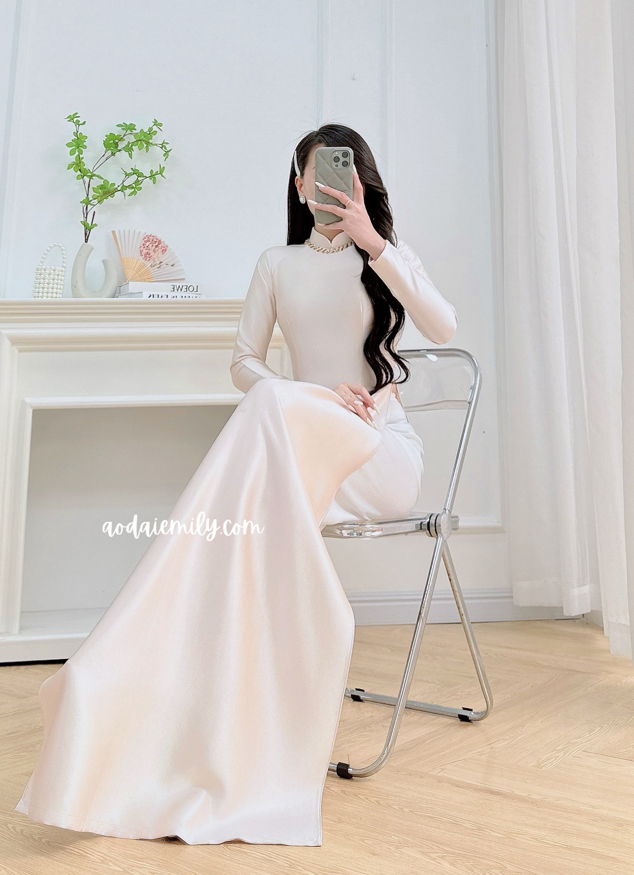 Beige Neutral traditional ao dai with simple beading collar