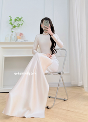 Beige Neutral traditional ao dai with simple beading collar