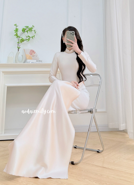 LAINEY Beige Neutral traditional ao dai with simple beading collar