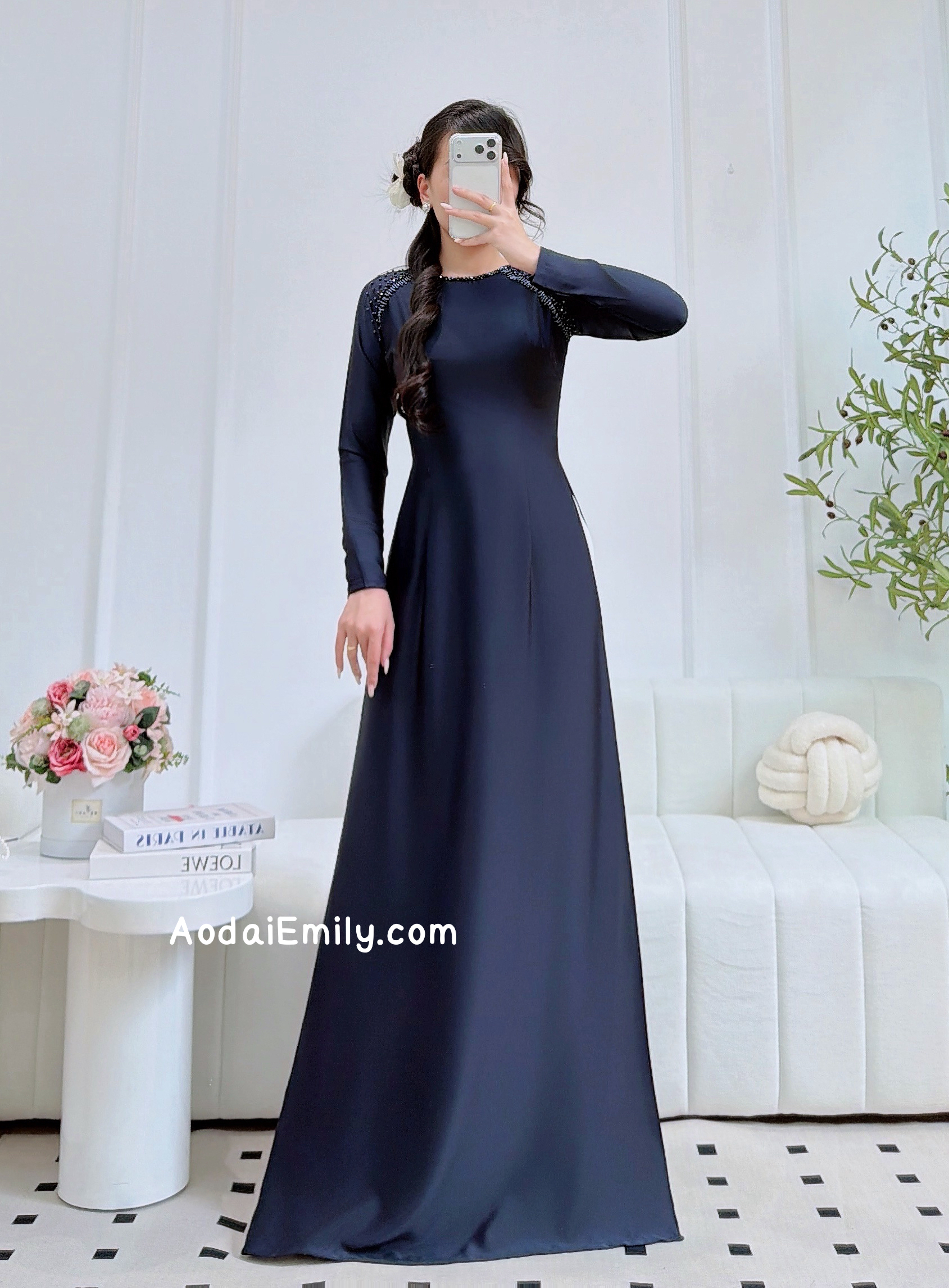 Midnight Blue ao dai with beading crystals round collar