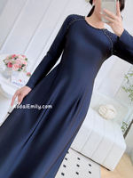 CARLY Midnight Blue ao dai with beading crystals round collar