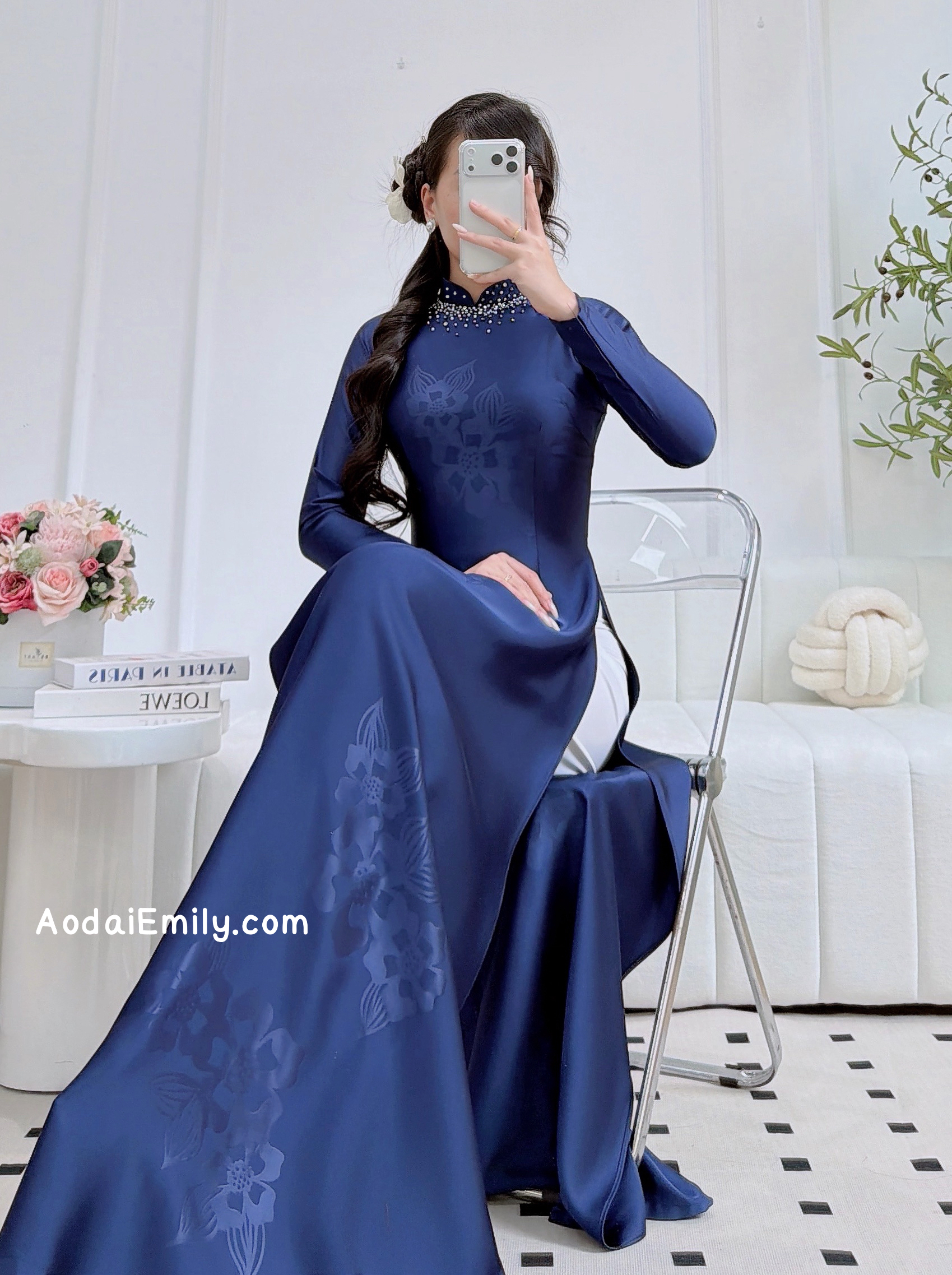 Dark Blue ao dai with beading crystals collar