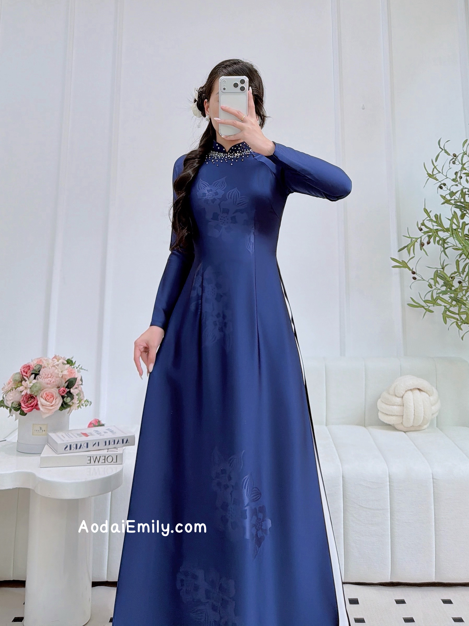 Dark Blue ao dai with beading crystals collar