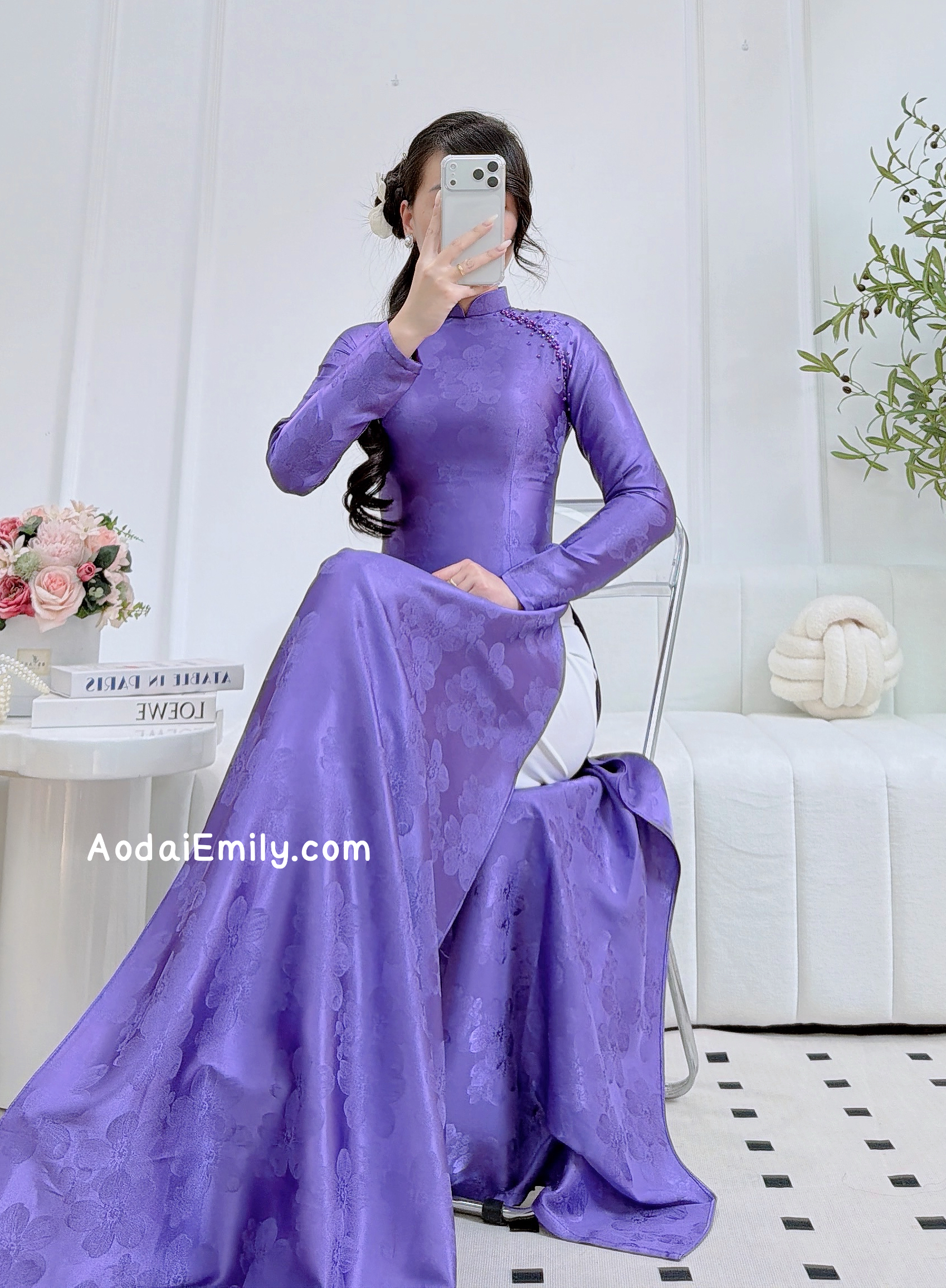 Purple Ao Dai Gấm with crystals collar