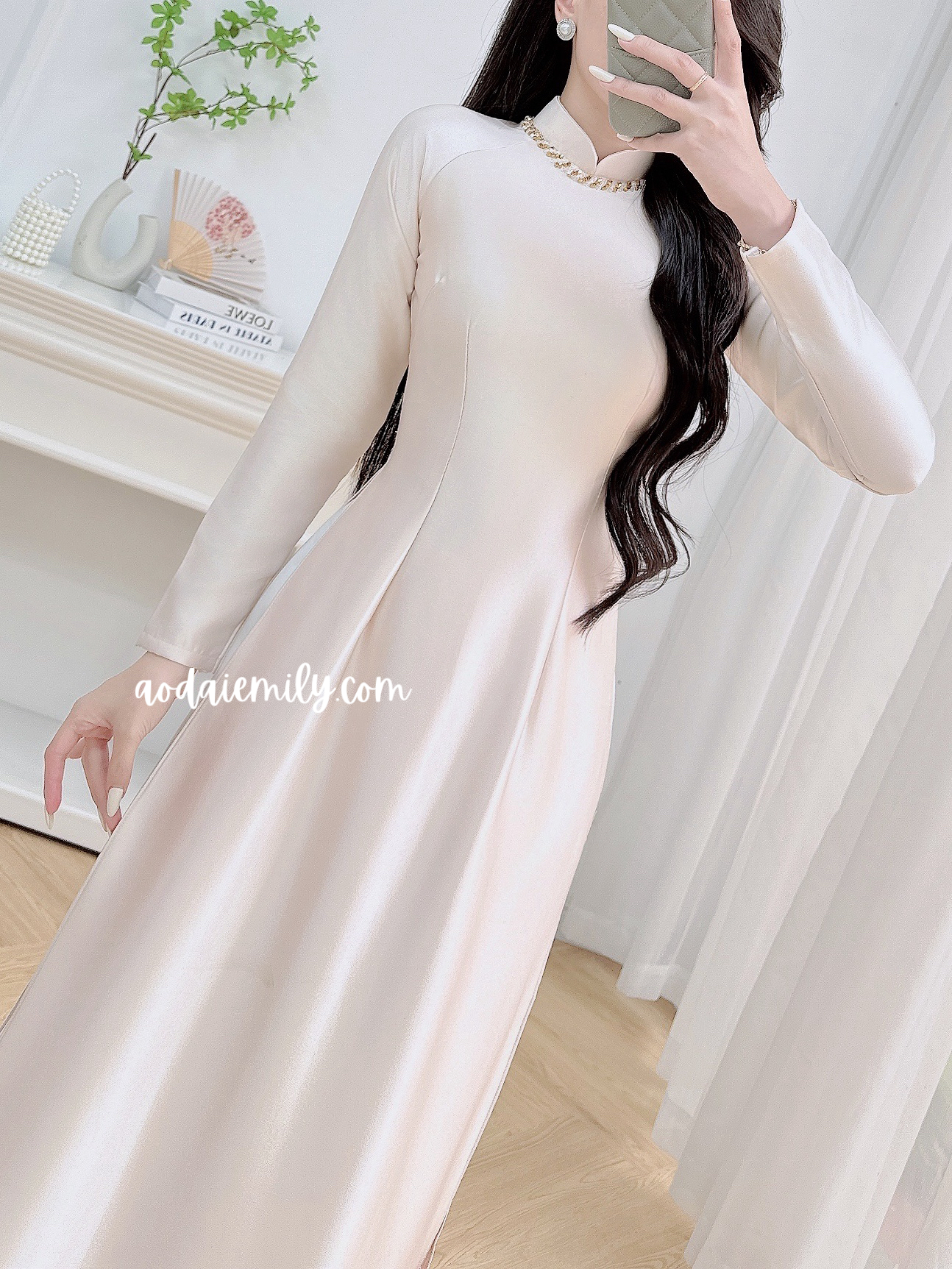 Beige Neutral traditional ao dai with simple beading collar