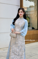 SHELBY Beige/ Blue Taffeta Spring flowers pattern Ao dai