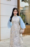 SHELBY Beige/ Blue Taffeta Spring flowers pattern Ao dai