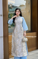 SHELBY Beige/ Blue Taffeta Spring flowers pattern Ao dai