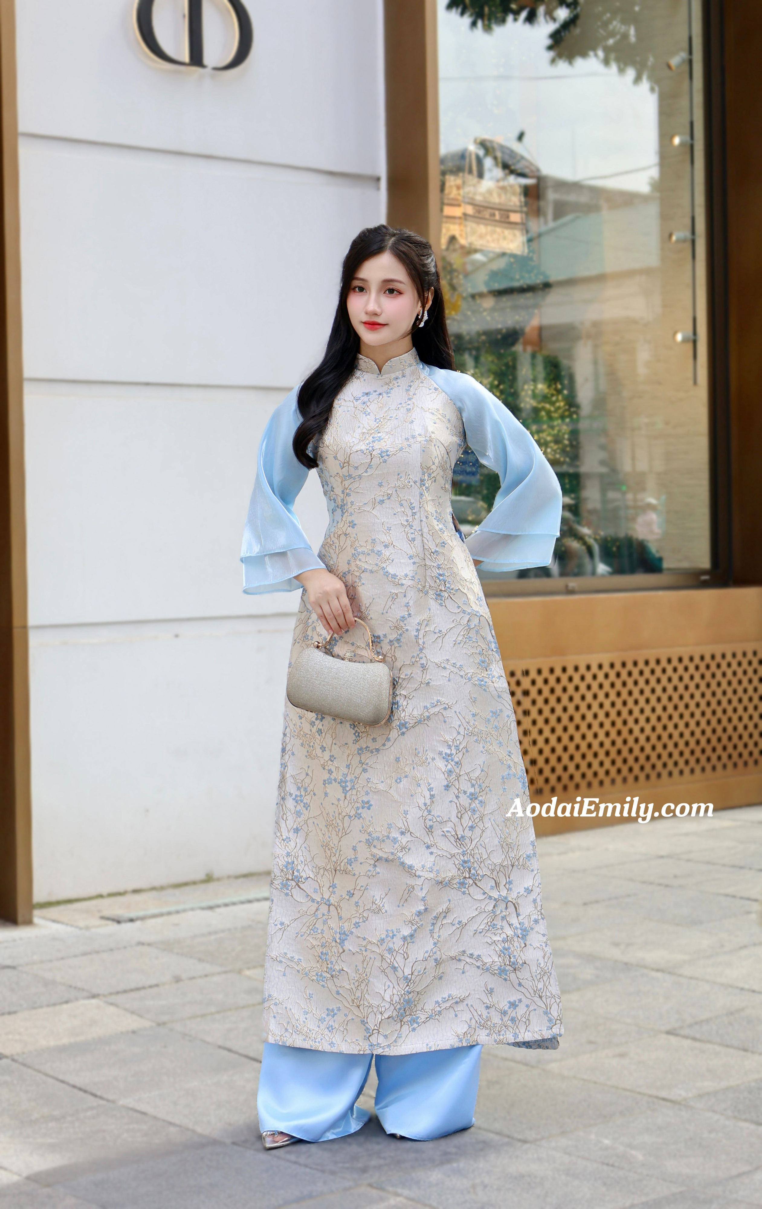 Beige/ Blue Taffeta Spring flowers pattern Ao dai
