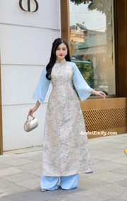 Beige/ Blue Taffeta Spring flowers pattern Ao dai