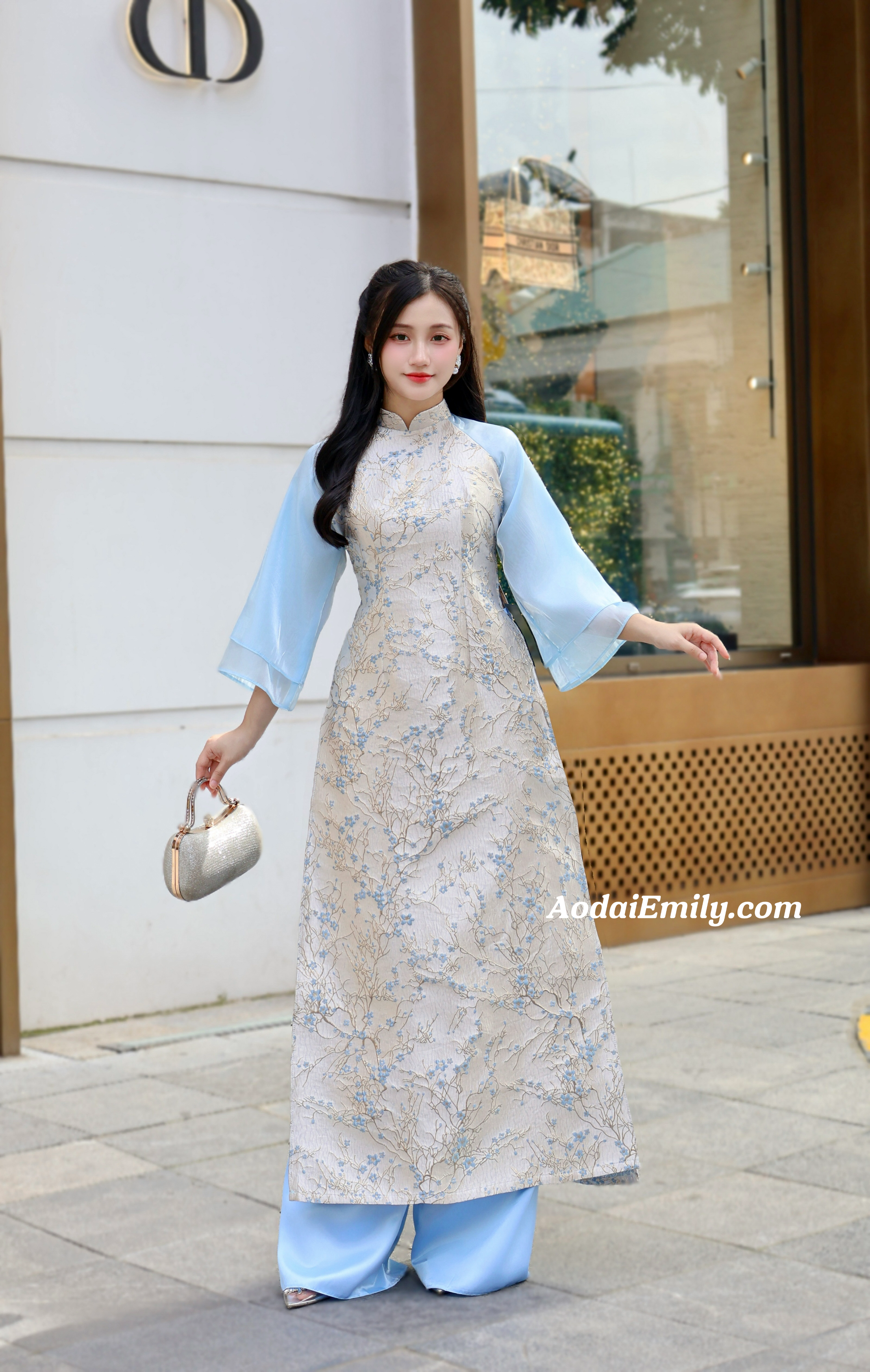 Beige/ Blue Taffeta Spring flowers pattern Ao dai