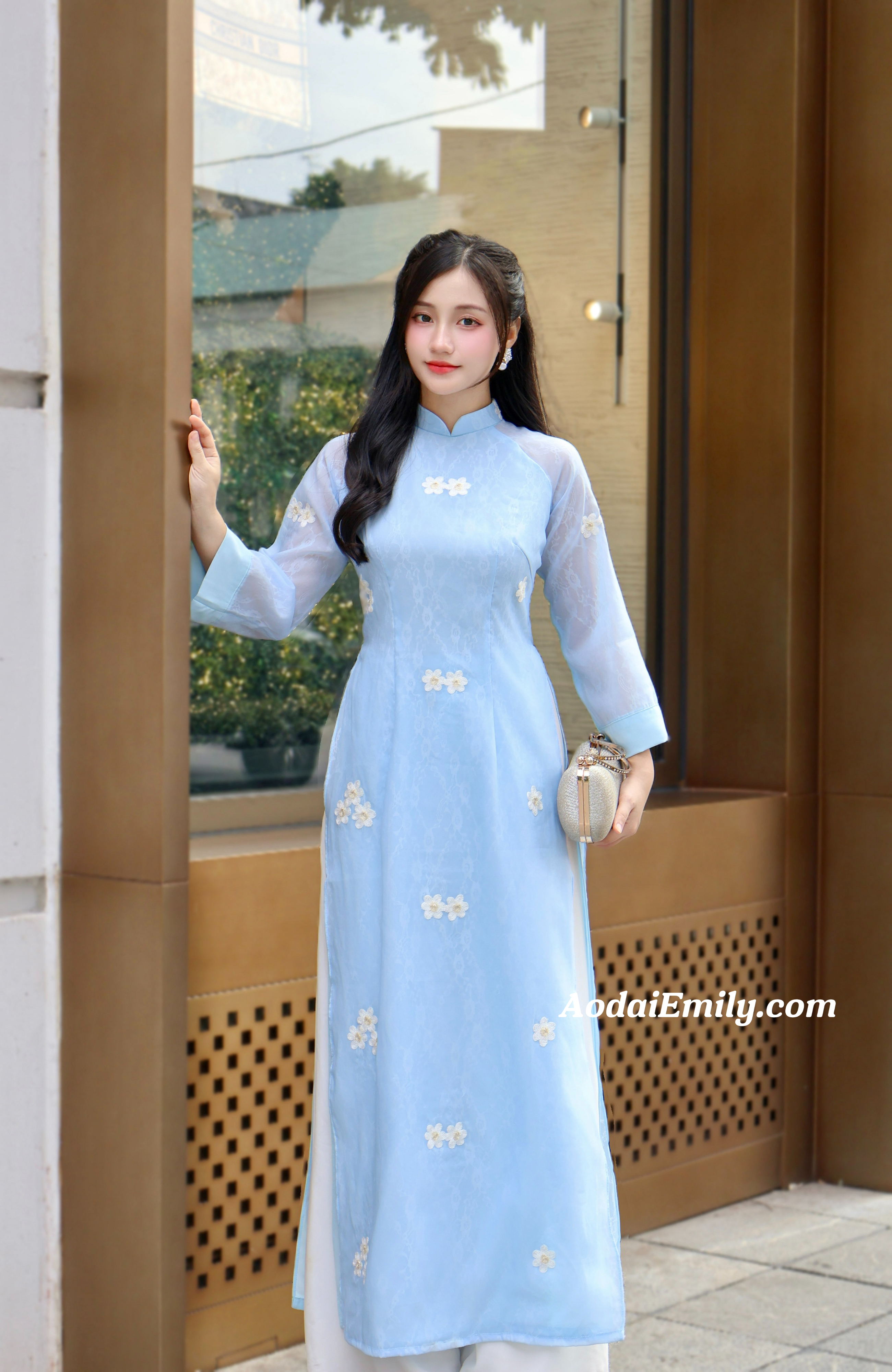 Double layers Blue modern ao dai with embroidery flowers