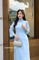 NIA Double layers Blue modern ao dai with embroidery flowers