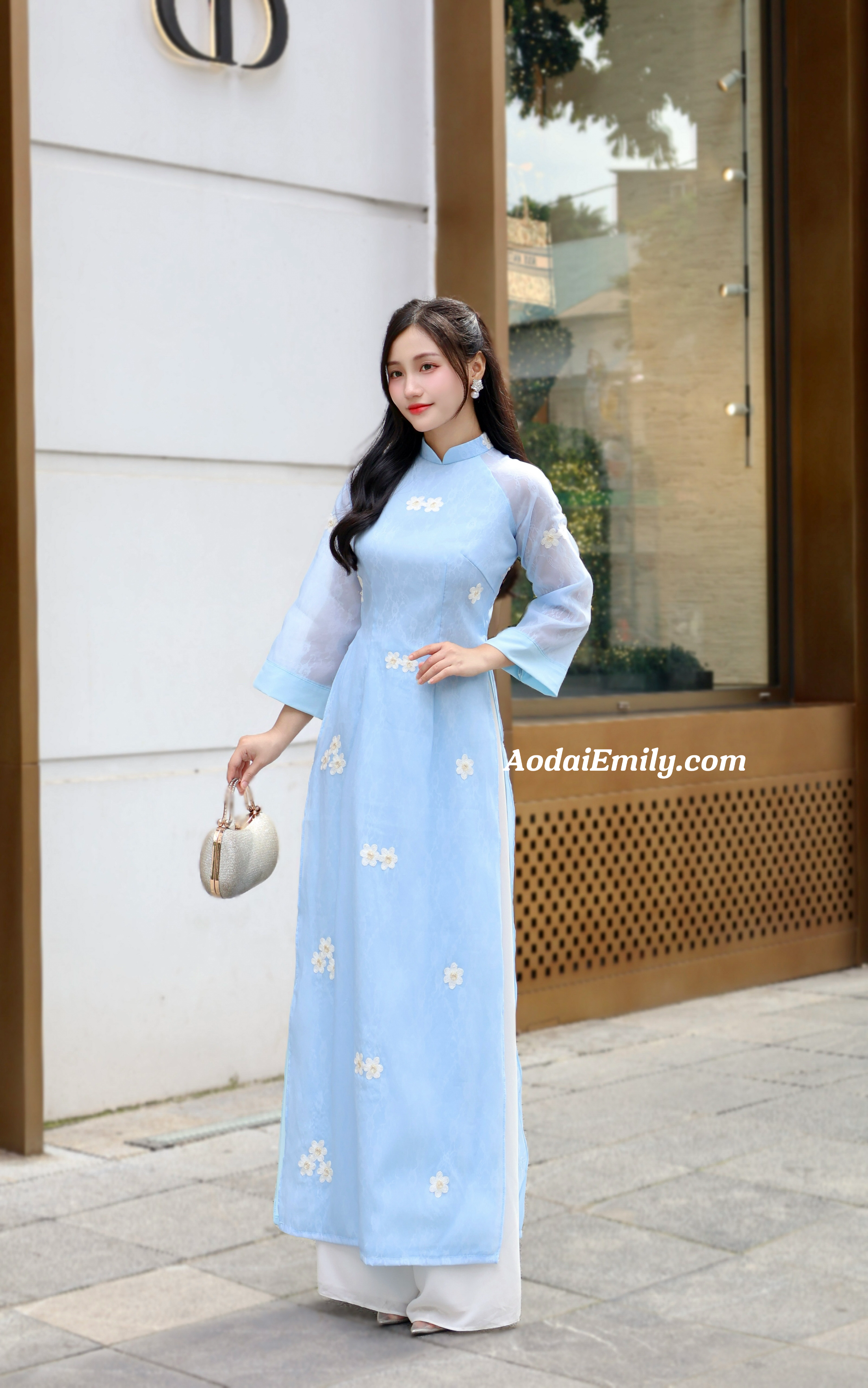 Double layers Blue modern ao dai with embroidery flowers