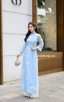 NIA Double layers Blue modern ao dai with embroidery flowers