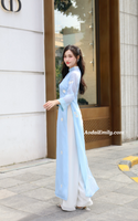 NIA Double layers Blue modern ao dai with embroidery flowers