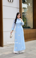NIA Double layers Blue modern ao dai with embroidery flowers