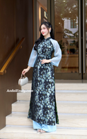 MACY Blue/Black Taffeta Sakura flowers Pre made Ao Dai