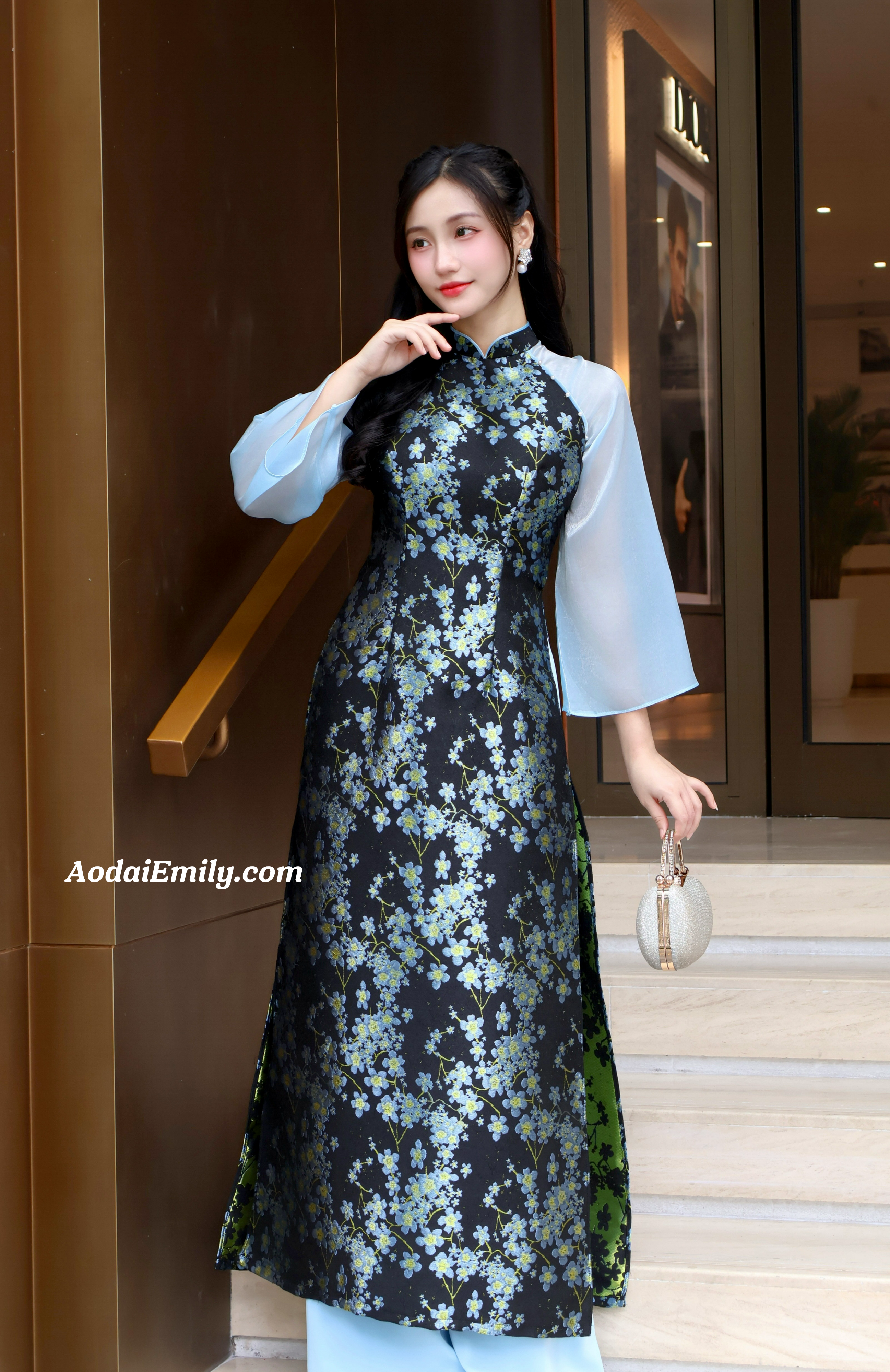 Blue/Black Taffeta Sakura flowers Pre made Ao Dai