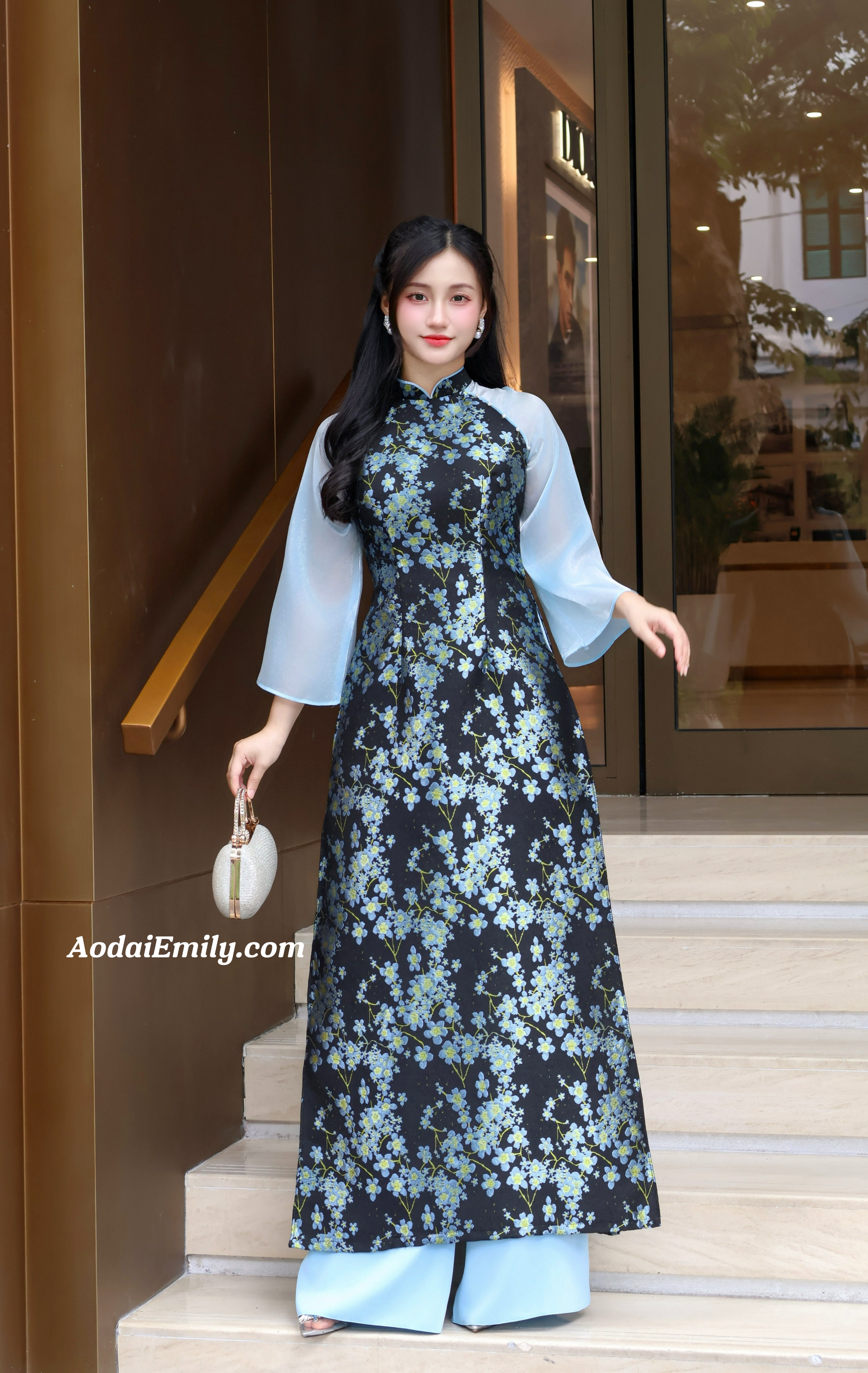 Blue/Black Taffeta Sakura flowers Pre made Ao Dai