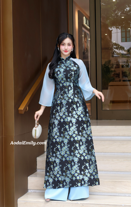MACY Blue/Black Taffeta Sakura flowers Pre made Ao Dai