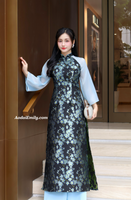 MACY Blue/Black Taffeta Sakura flowers Pre made Ao Dai
