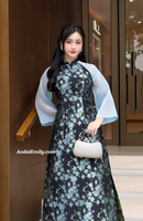 MACY Blue/Black Taffeta Sakura flowers Pre made Ao Dai